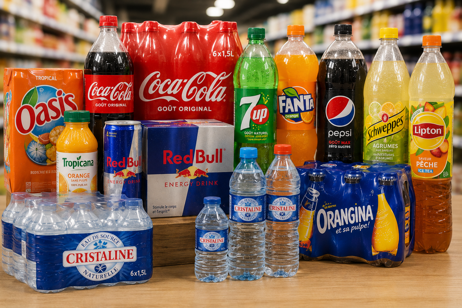 Sodas, eaux, jus et boissons énergétiques aux meilleurs prix toute l'année.