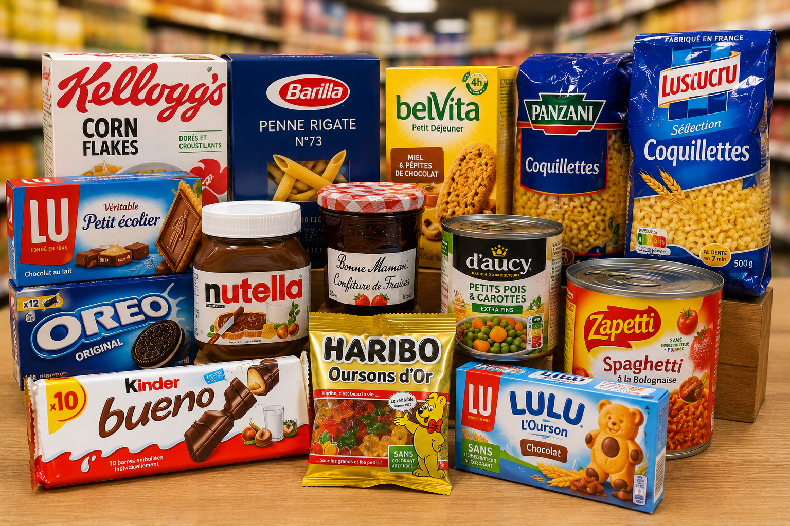 Biscuits, pâtes, conserves, chocolat et produits du quotidien à prix réduits.