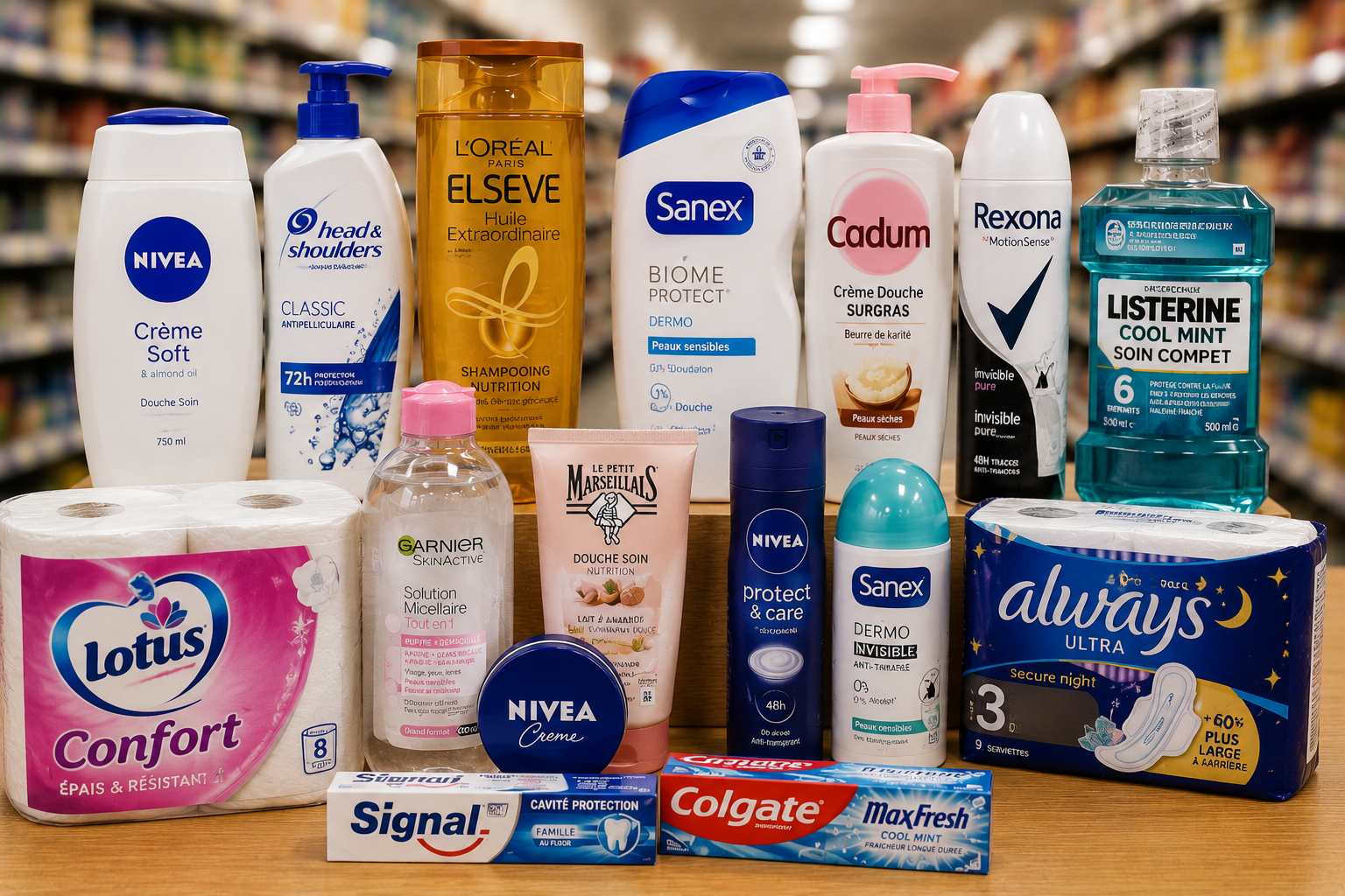 Retrouvez shampoings, gels douche, dentifrices, déodorants, soins du corps et produits de beauté à prix imbattables.